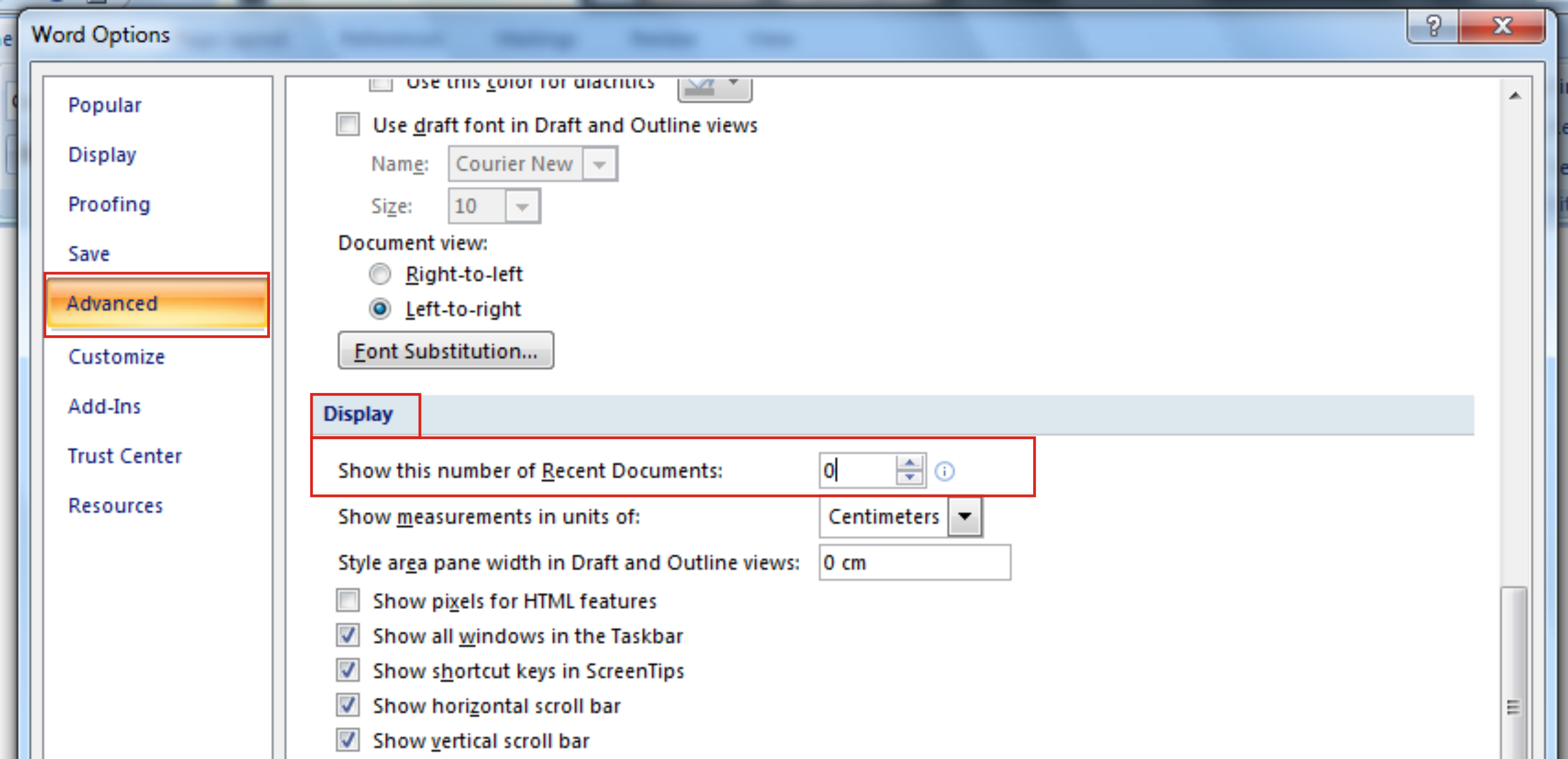 setting of recent documents in word